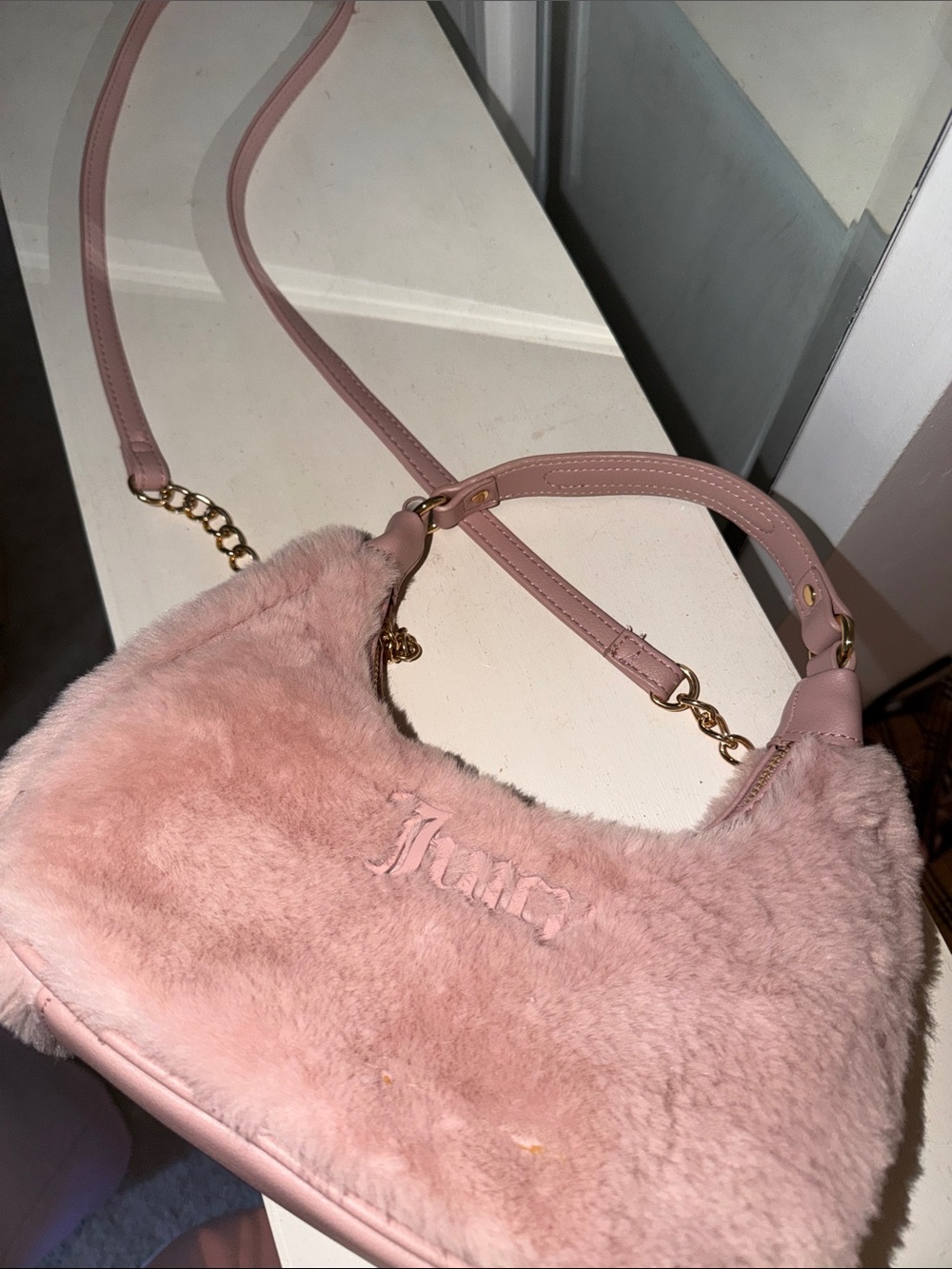 Juicy couture Pink Faux Fur Shoulder Bag with Gold Chain Accent
